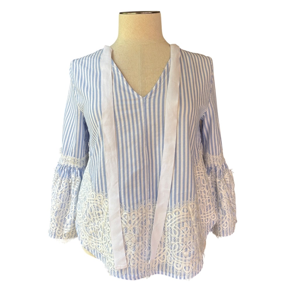 Zara Blouse Womens XS Blue White Stripe Lace Bell Sleeve Romantic Boho Coastal